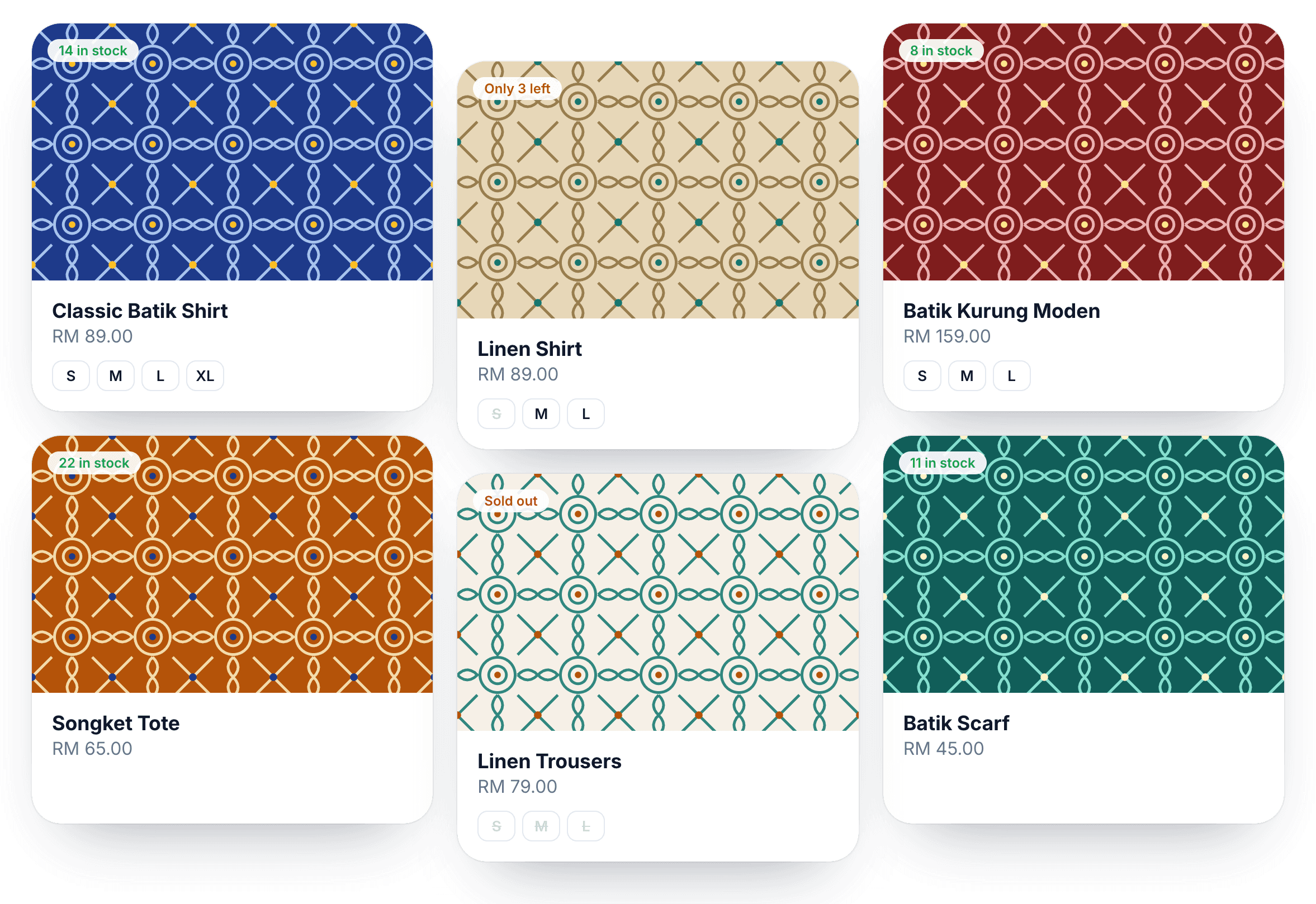 Catalog of batik shirts with sizes, prices and stock