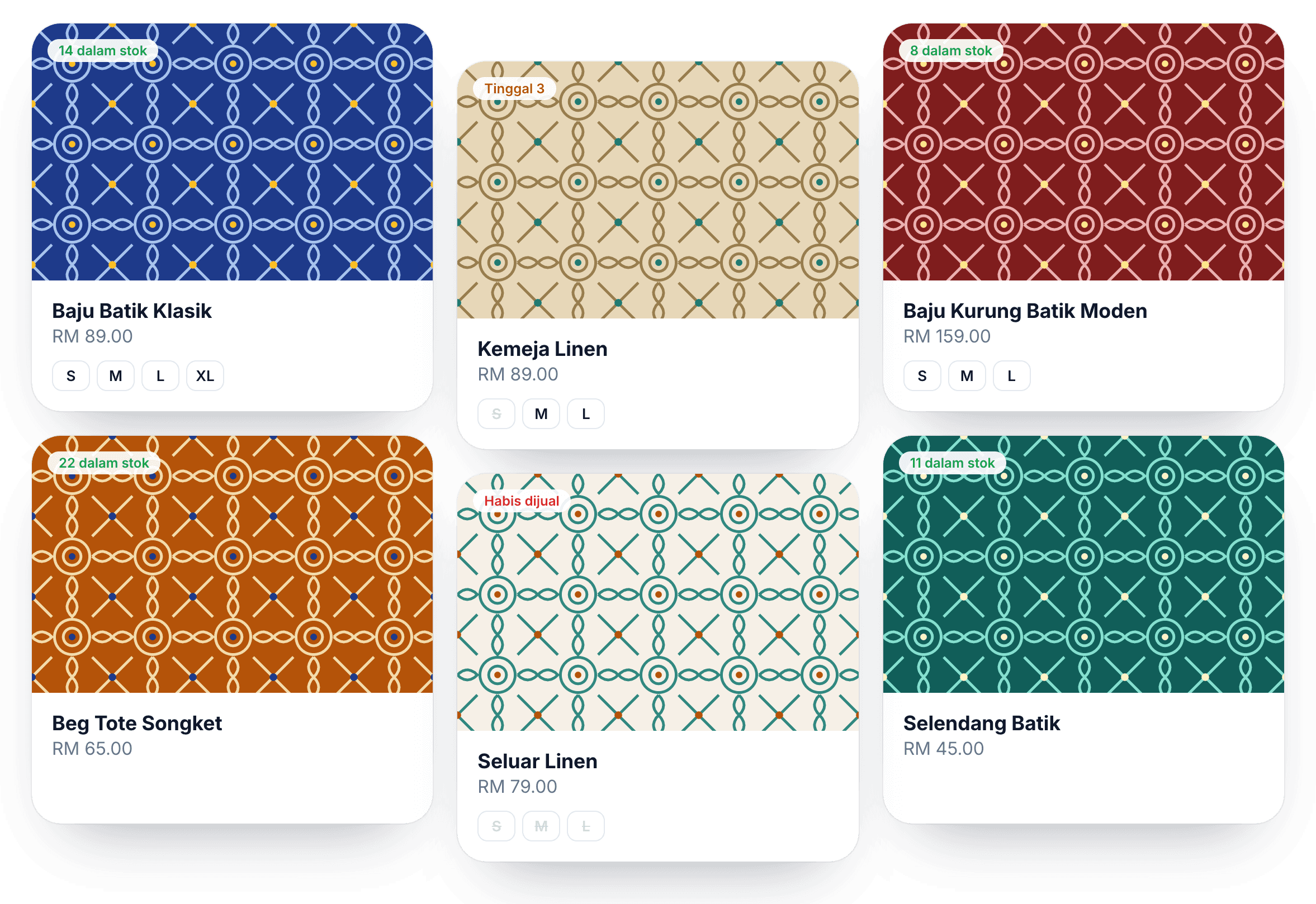 Katalog baju batik dengan saiz, harga dan stok